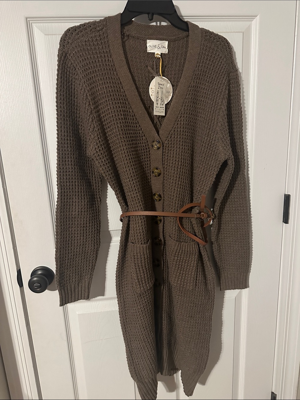 Olive & Oak Chocolate Brown Long Waffle-Knit Button Cardigan